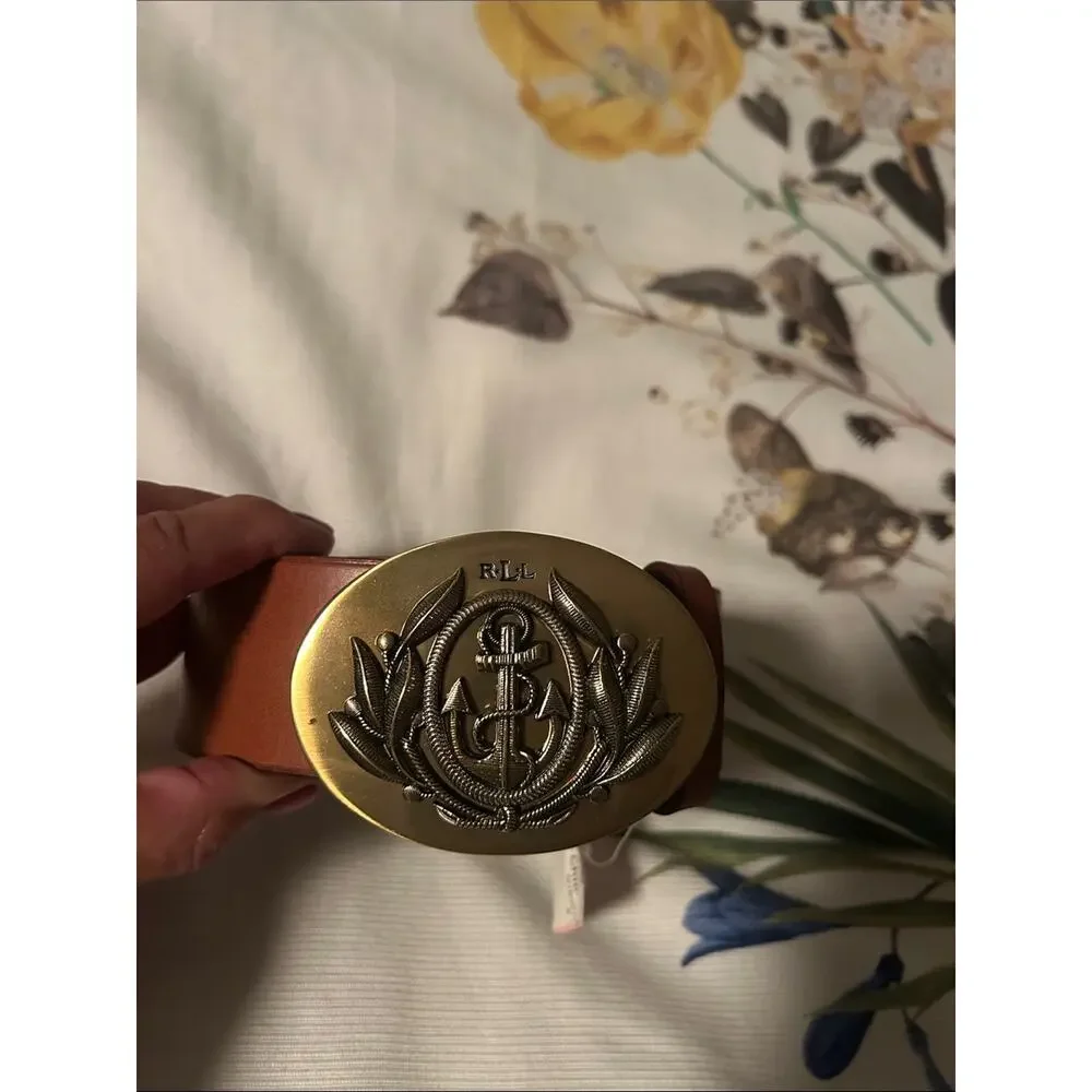 VTG Ralph Lauren Tan Leather Belt Brass Anchor Emblem Buckle XL